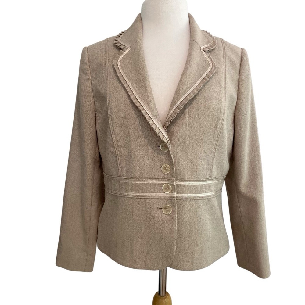 Laura petite blazer neutral beige tan empire waist feminine ribbon button up 12